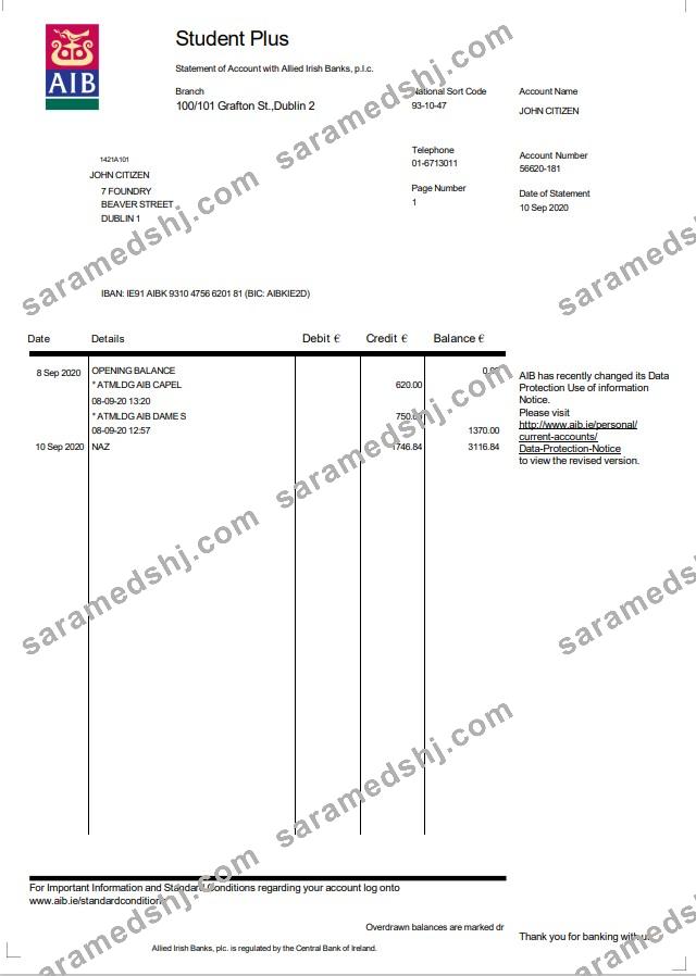 Ireland AIB bank statement